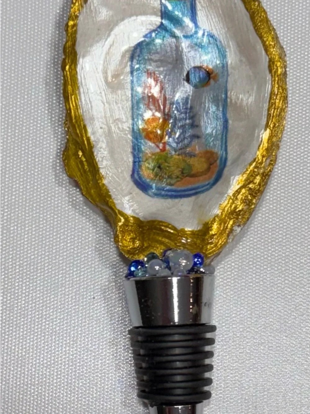 Gold-Trim Bottle Stopper with Blue Bottle Art —Handmade by Me